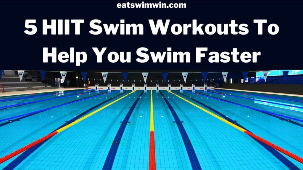 5 HIIT swim workouts to help you swim faster by eatswimwin.com. Pictured is a competitive swimming pool at night.