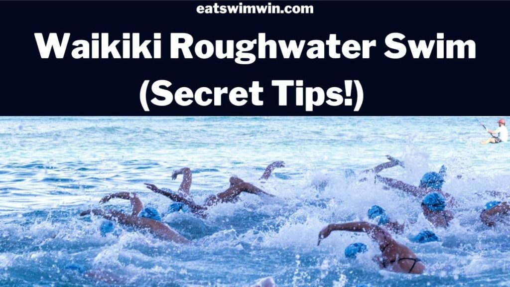 Waikiki Roughwater Swim secret tips by eatswimwin.com. Picture are swimmers swimming in the ocean at the start of the 2018 waikiki roughwater swim.