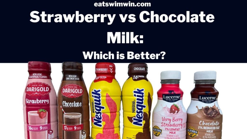 Strawberry milk vs chocolate milk: Which is better? In this photo are 6 milks. Nesquik chocolate and strawberry milk, lucerne chocolate and strawberry milk, and darigold chocolate and strawberry milk.