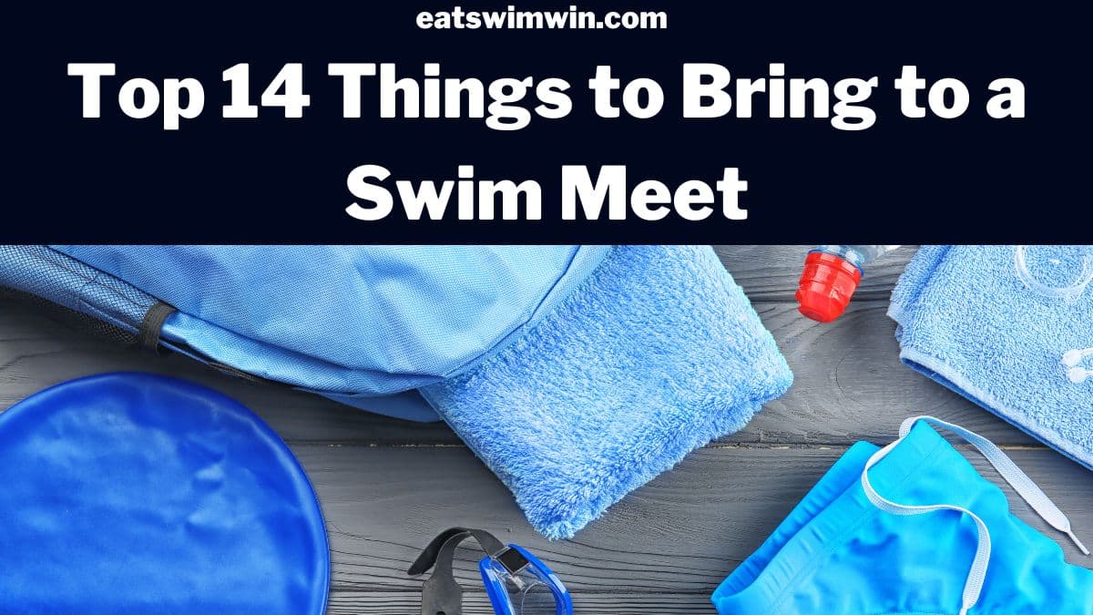 Top 14 Things To Bring To a Swim Meet. Pictured is a swim bag, swim cap, swim goggles, a water bottle, and a swimsuit.