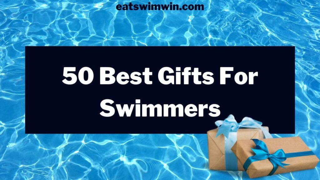 Best gifts for swimmers. Pictured is two wrapped presents with blue ribbon and a pool background for 50 Best Gifts For Swimmers.
