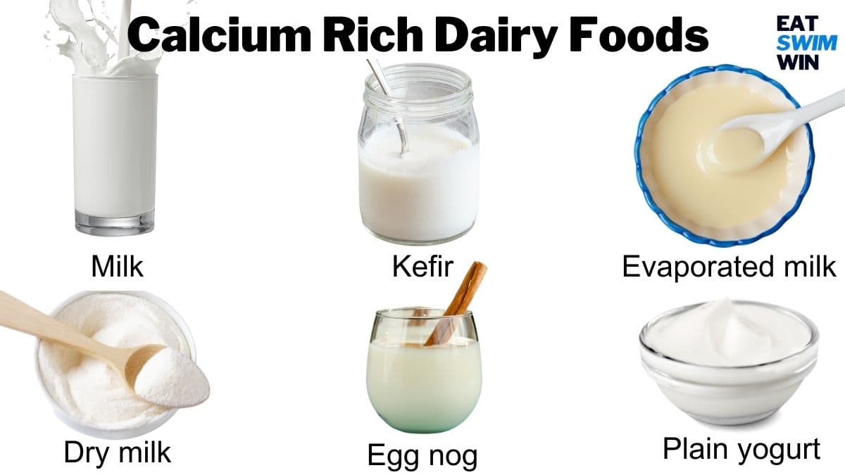 Printable high calcium foods chart featuring calcium rich dairy foods such as cows milk, kefir, dry milk, egg nog, plain yogurt, and evaporated milk. 