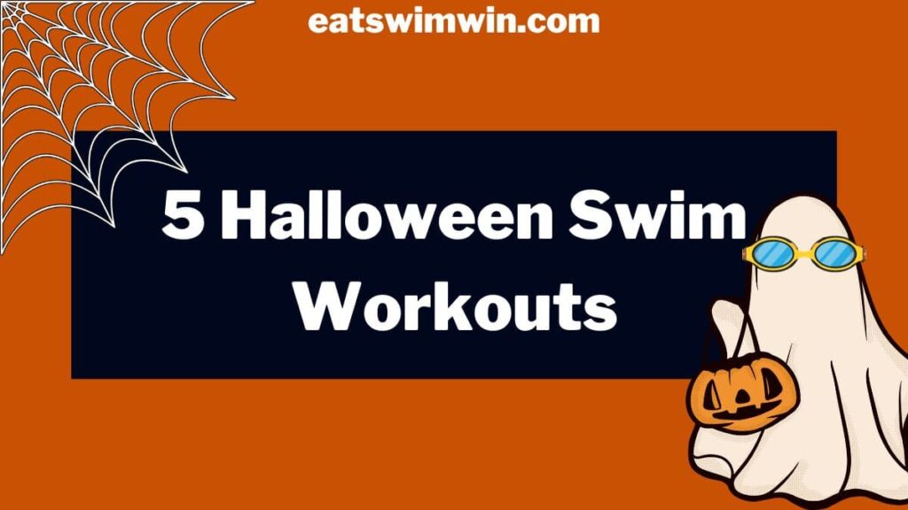 5 halloween swim workouts, pictured is a ghost wearing swimming goggles carrying a jack-o-lantern.