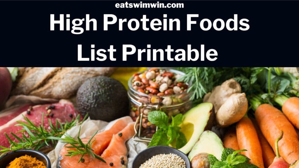 High protein foods list printable pictured are high protein foods on a table such as beans, salmon, steak, and peas.