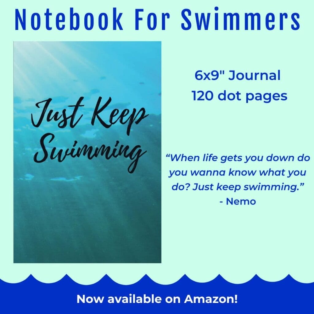 Notebook designed for swimmers and athlete families on Eat Swim Win, with an underwater cover, Nemo quote, 6x9" size, and 120 dot pages—ideal for tracking swim training or nutrition progress. Eat Swim Win