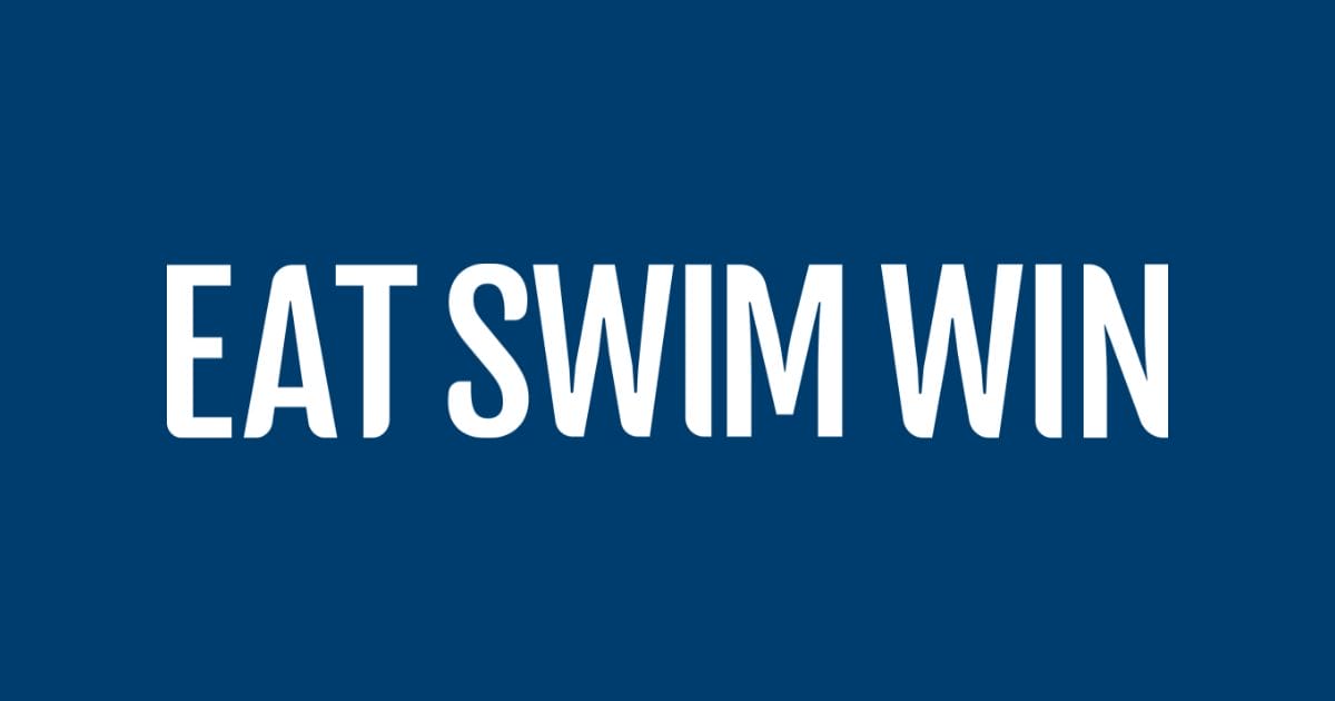 White bold text on a blue background reads "EAT SWIM WIN"—emphasizing the website’s focus on swimming and nutrition services tailored for athlete swimmers and their parents. Eat Swim Win